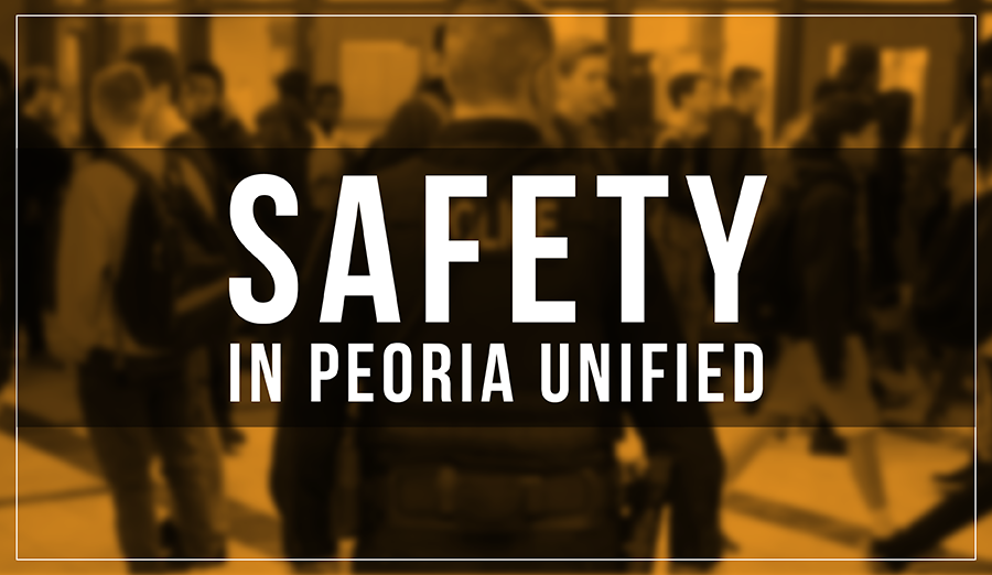  Blurred image of SRO in hallway with HS students. Text: Safety in Peoria Unified